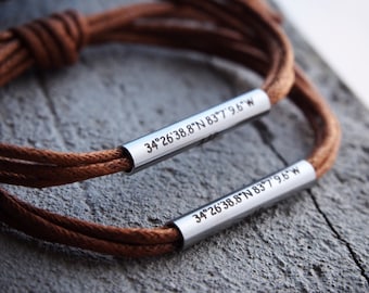 Couples Bracelets sets, Coordinate Bracelets, Leather coordinate jewelry, latitude longitude, location bracelet, Couple Gifts, long distance