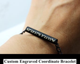 Custom Engraved Coordinate Bracelet, Black Metal Tube coordinate Bracelet, Unique, men, women, chain, adjustable, jewelry, Gift for him, her