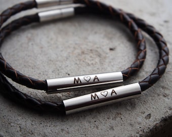 Couples Initial/ Couple Bracelets, Initial Leather couples gifts, couple anniversary date bracelet, Braided leather, anniversary bracelet