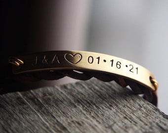 Custom Gold Anniversary Bracelets, Engraved gold bracelet, mens name bracelet, leather men bracelets, bronze, 8th, 19th, anniversary jewelry