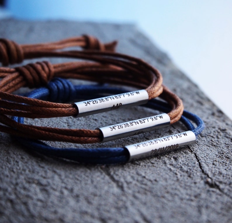 Coordinates bracelet, Mens Latitude Longitude bracelet Navy Blue Leather, personalized Coordinate Bracelet, Couples Gifts, Stainless Steel image 5