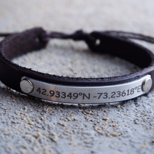 Adjustable/ Mens Coordinate bracelet, Leather Coordinate Bracelets, Brown Leather coordinate bracelet, Mens Gift, Coordinate Bracelet Hiker