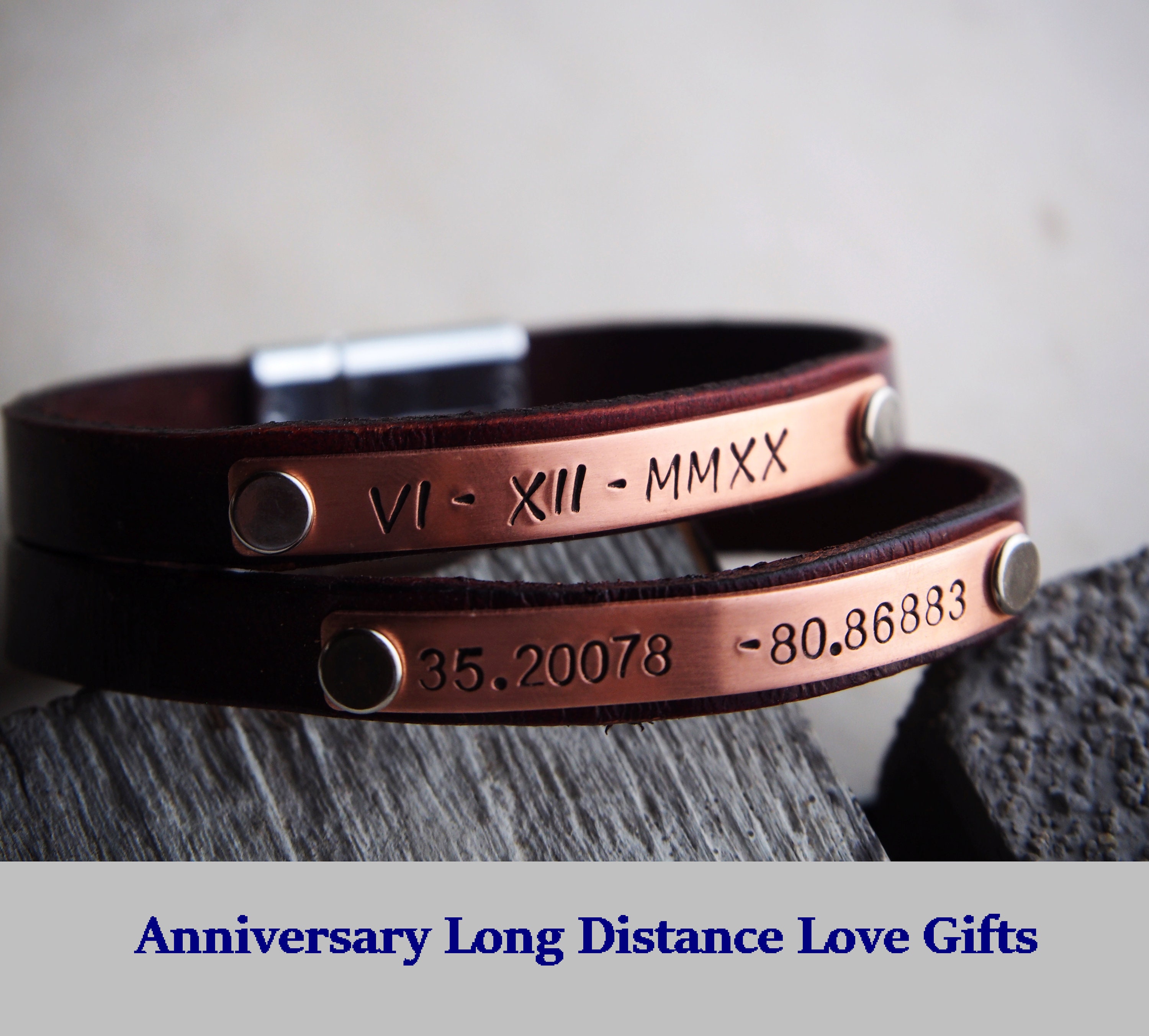 Long Distance Love/ Mens Coordinates Bracelet, Real Leather Anniversary Bracelet, Roman Numeral, Boyfriend, husband, gift for men, His gifts