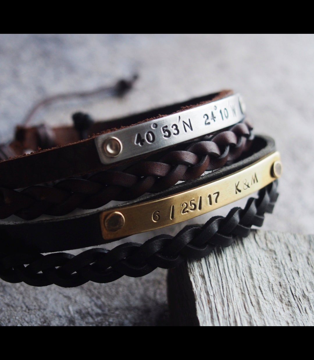 MignonandMignon Personalized Leather Men's Bracelet - Gold Plated Coordinate Bracelet, Groomsmen Gift - View #5