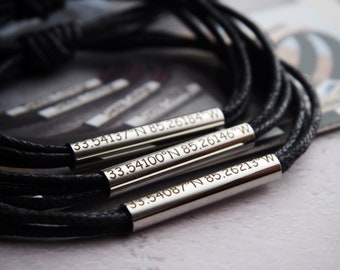 Coordinates bracelet, Black leather Coordinate Bracelets, Coordinate jewelry, Coordinate gifts, latitude longitude, Personalized Bracelet