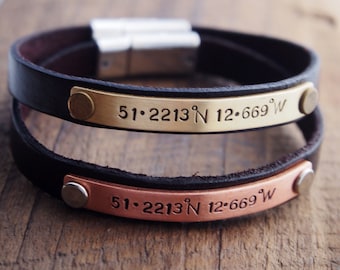 Leather Coordinates Bracelets Couples Bracelets, Gps Coordinates, Custom bracelets mens, Personalized Bracelets, Couples Coordinate Bracelet