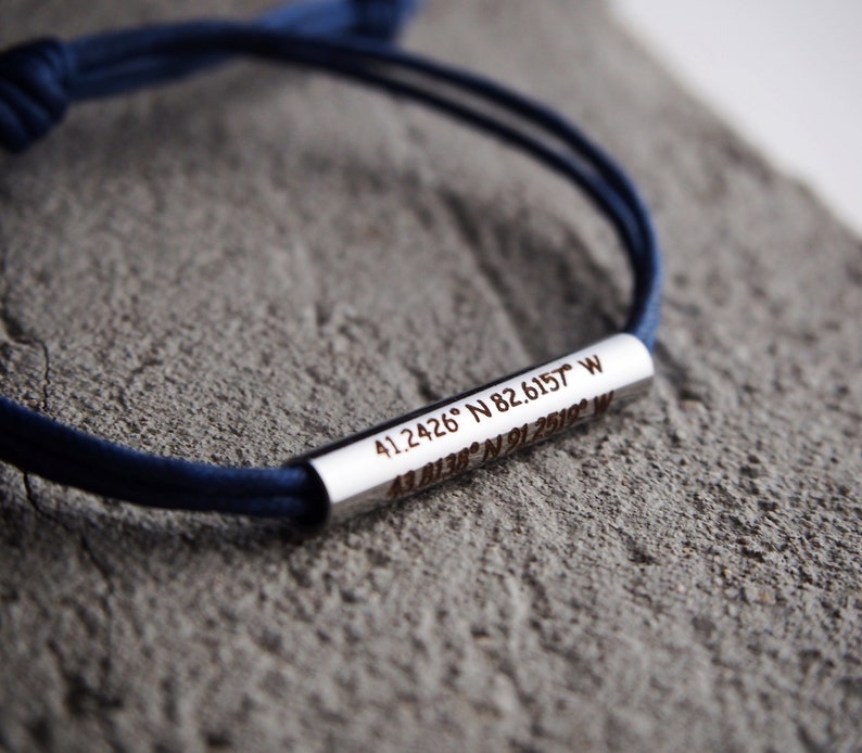 Bracelet de coordonnées, bracelet Mens Latitude Longitude Cuir Bleu Marine, Bracelet de coordonnées personnalisé, Cadeaux couples, Acier inoxydable image 2