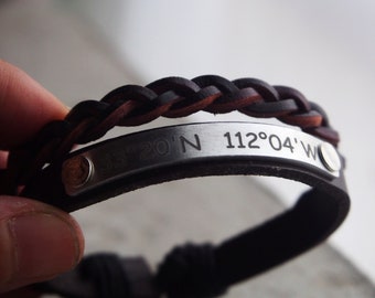 Adjustable Coordinates bracelet, Braid Leather Coordinate bracelet, Men coordinates bracelets, handmade, Gift for him, Personalized Gift