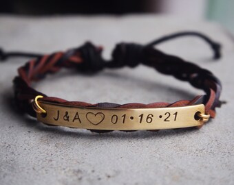 Braid Leather date bracelet, Mens Anniversary Bracelet, Custom anniversary Gifts, Men Wrap Bracelet, Gift for him, Personalized Bracelet