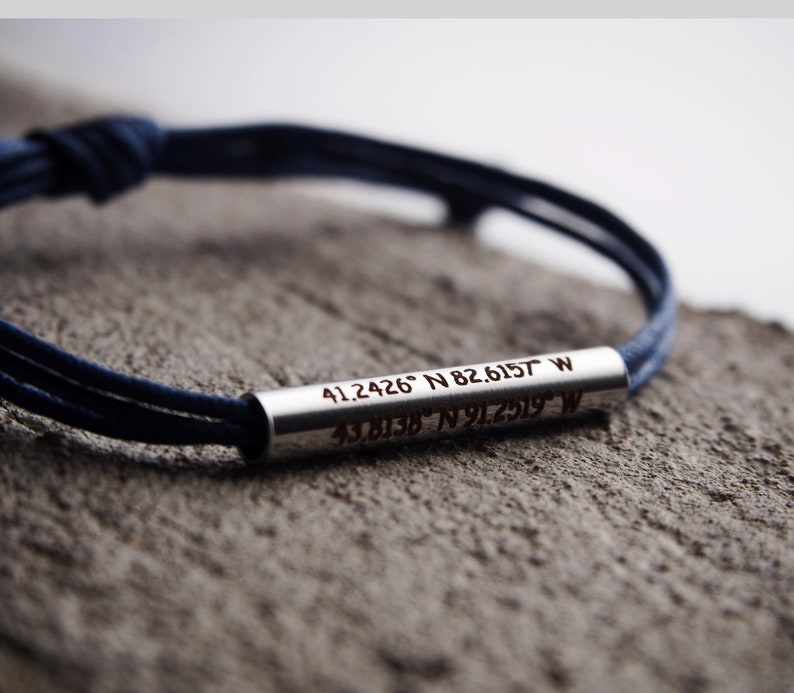 Coordinates bracelet, Mens Latitude Longitude bracelet Navy Blue Leather, personalized Coordinate Bracelet, Couples Gifts, Stainless Steel image 1
