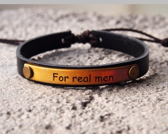 Gift for Men/ Personalized Mens leather bracelet, personalized mens jewelry, custom leather bracelet, adjustable, gold, DAD, Gift for him