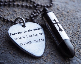 Forever in my Heart/ Bullet Urn Necklace for Him, Cremation Necklace bullet, Custom Engraved,  Memorial Jewelry for Ashes, Stainless Steel