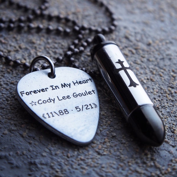 Forever in my Heart/ Bullet Urn Necklace for Him, Cremation Necklace bullet, Custom Engraved,  Memorial Jewelry for Ashes, Stainless Steel