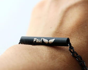 Custom Engraved Name Bracelet, Mens Name Bracelet, Wings, black, Unique, men, women, chain,  jewelry, Memorial Bracelet, Dad Pass away, Gift