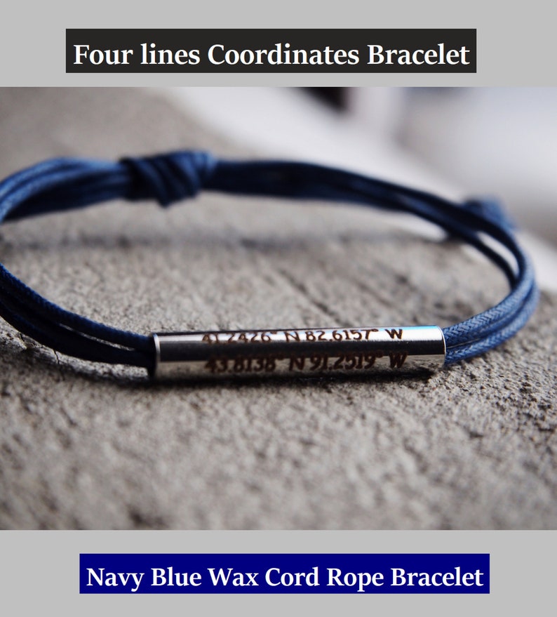 Bracelet de coordonnées, bracelet Mens Latitude Longitude Cuir Bleu Marine, Bracelet de coordonnées personnalisé, Cadeaux couples, Acier inoxydable image 3