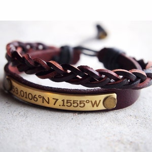 Men Handmade Leather Bracelet,  Coordinate Gift, mens Leather Coordinates Bracelet, Adjustable Braided leather bracelet, Gift for him