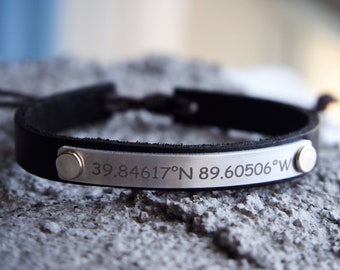 Personalized Leather Coordinates bracelet, Custom Coordinate Bracelet, adjustable leather, Christmas Gifts for him, DAD, boyfriend, father