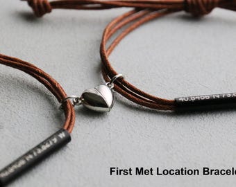 First Met Location/ Matching Couple Magnetic bracelets, Couples Wedding bracelets, magnetic Bracelet Heart, Anniversary, Custom Bracelets