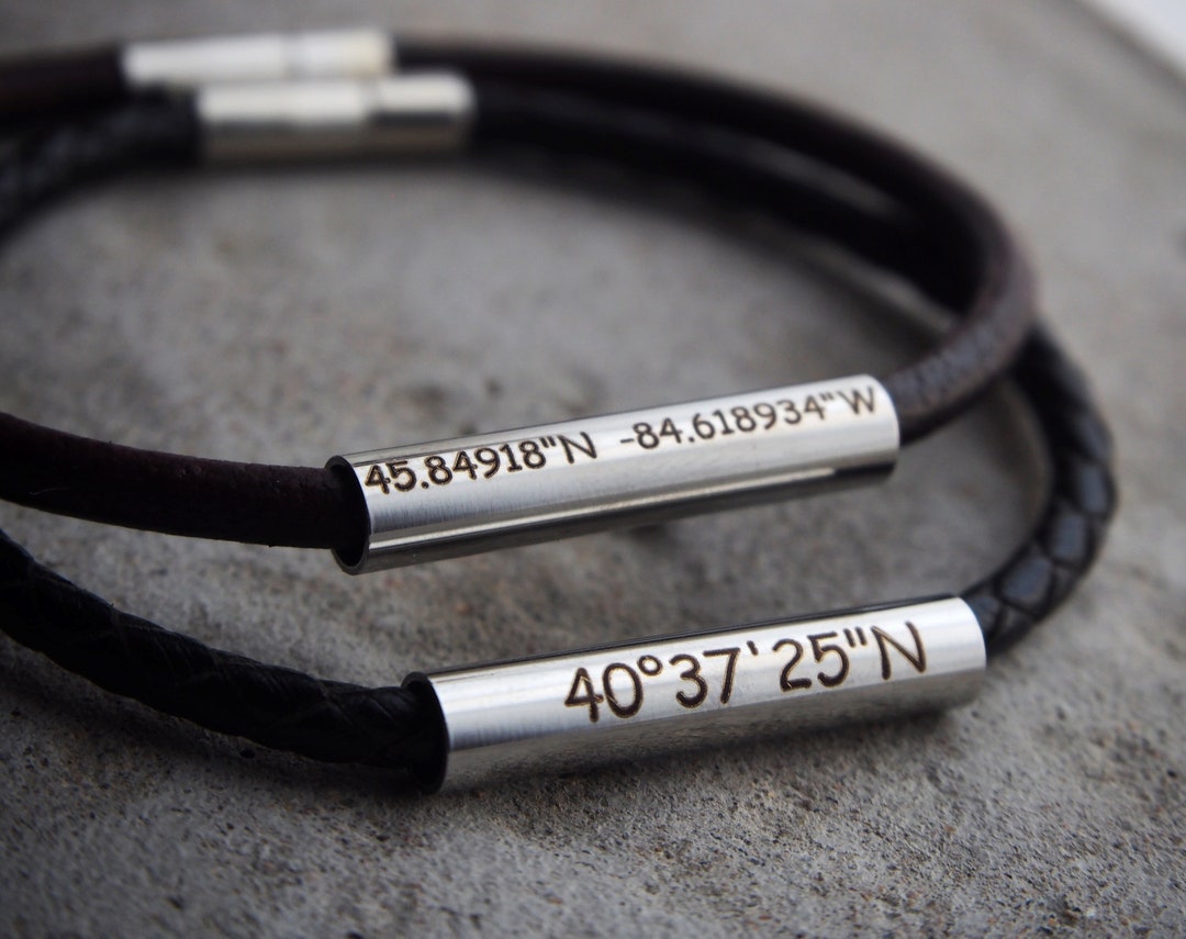 Simple Mens Bracelet, Mens Coordinates Bracelets, Real Leather