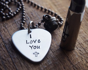 Te amo collar de cruz, collar de urna de bala para él, bala de collar de cremación, joyería conmemorativa de la cremación grabada a medida para cenizas