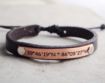Custom Coordinates Bracelets, Personalized Bracelets, latitude longitude, adjustable, GPS, mens leather bracelet, Coordinate jewelry for him