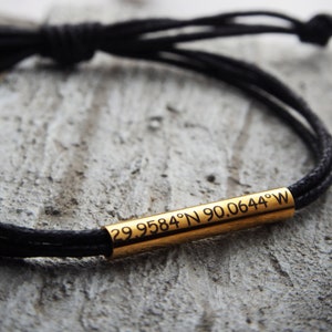 Gold/ Coordinates bracelet, Mens Latitude Longitude bracelet Black Leather, personalized Coordinate Bracelet, Gifts for him, Stainless Steel