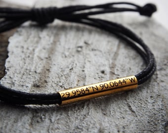 Gold/ Coordinates bracelet, Mens Latitude Longitude bracelet Black Leather, personalized Coordinate Bracelet, Gifts for him, Stainless Steel