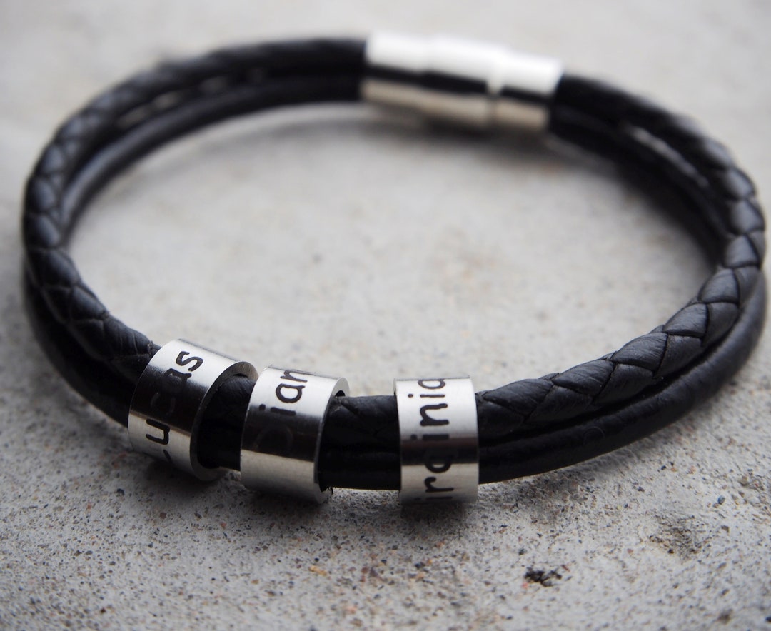 Quality Fathers Day Gift Mens Leather Bracelets Kids Names - Etsy