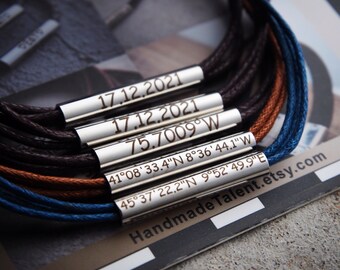 Custom Engraved Coordinate Bracelet, Men women Coordinate Bracelet, Leather Coordinate bracelet, Anniversary Coordinate set, Couple Bracelet