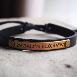 Custom Coordinates Gifts, Mens Coordinate Bracelet, Leather Coordinate bracelet, Coordinate jewelry, women, mens Gift, Personalized Bracelet