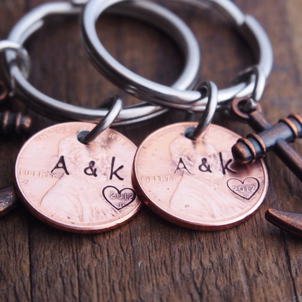 8th Anniversary Keychains, Anniversary Keychain, Couples gifts, Penny keyrings, Boyfriend keychains, Anchor, mens, Custom couples Keychains