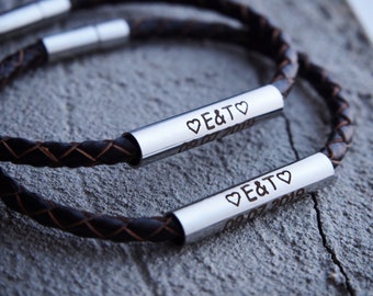 Couples Anniversary Bracelets, Couples engraved leather bracelet, boyfriend girlfriend, leather braid Bracelet, Engraved COUPLE Bracelets