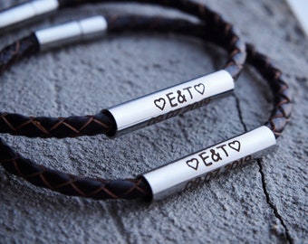 Couples Anniversary Bracelets, Couples engraved leather bracelet, boyfriend girlfriend, leather braid Bracelet, Engraved COUPLE Bracelets