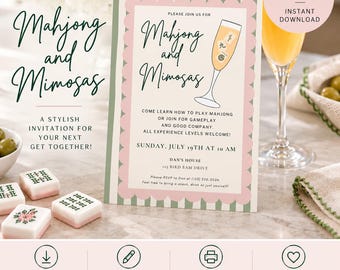 May include: A rectangular invitation card with a scalloped pink border and green striped edges. The text reads Mahjong and Mimosas, featuring an illustration of a champagne flute with a mahjong tile inside, plus event details and RSVP info.