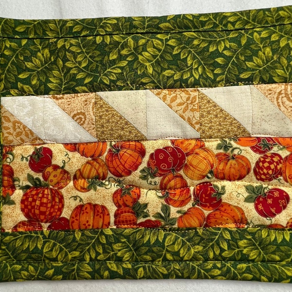 Fall Mug Rug, Washable Candle Rug, Quilted Table Topper, Large Quilted Coaster, in Gold, Green and Orange with Pumpkins, Quilted Snack Mat