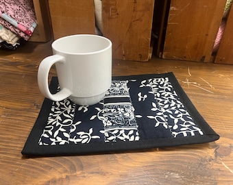 Modern Batik Mug Rug, Washable Candle Rug, Table Topper, Large Quilted Coaster, Candle Mat, Quilted Snack Mat
