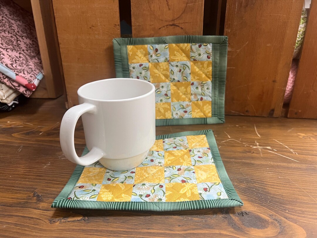Spring Mug Rugs, White Daisies, Ladybugs, Washable Candle Rug, Quilted ...