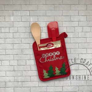 A Red Merry Christmas trees kitchen Potholder glitter gift set, gift wrapped for gift giving