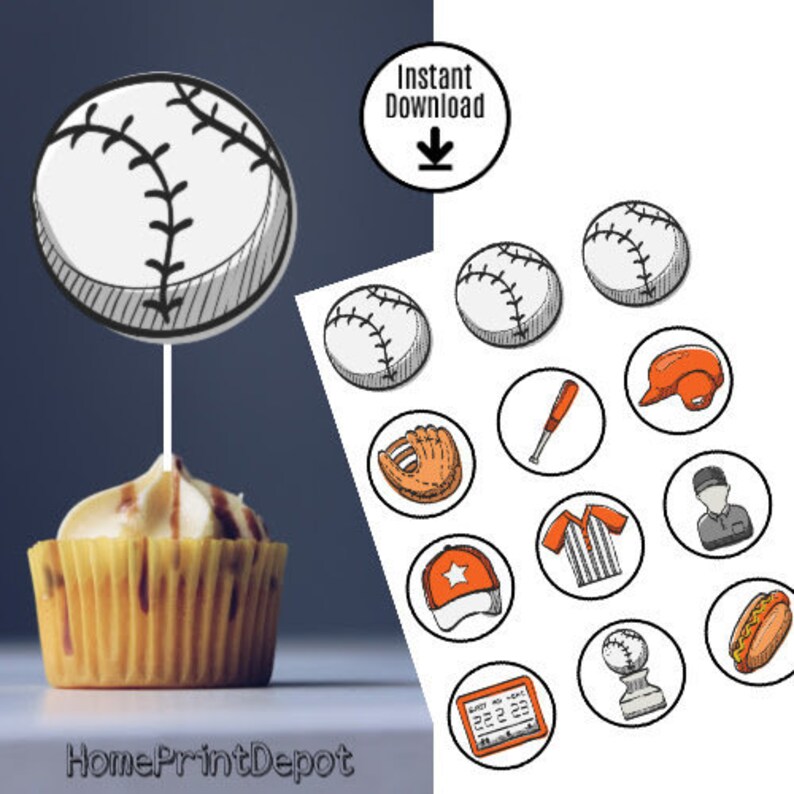 Baseball Cupcake Topper INSTANT DOWNLOAD Party Supplies Etsy