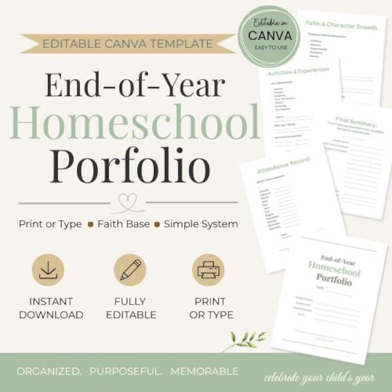 Editable Homeschool Portfolio Canva Template | End of Year Homeschool Review | Student Portfolio Printable | Faith Based Homeschool Record