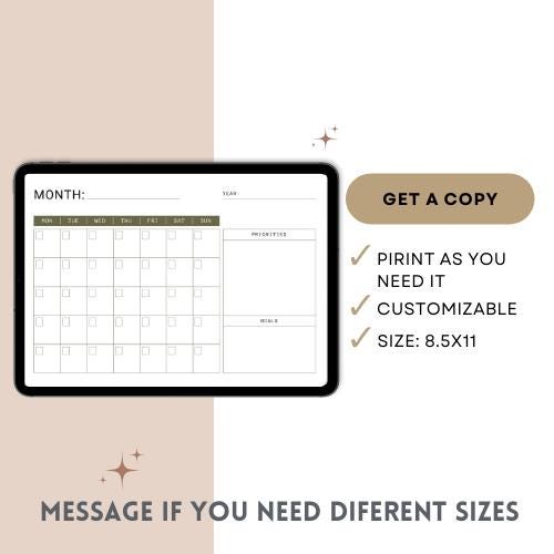 Printable Blank Monthly Calendar | Minimalist Undated Planner (digital ...