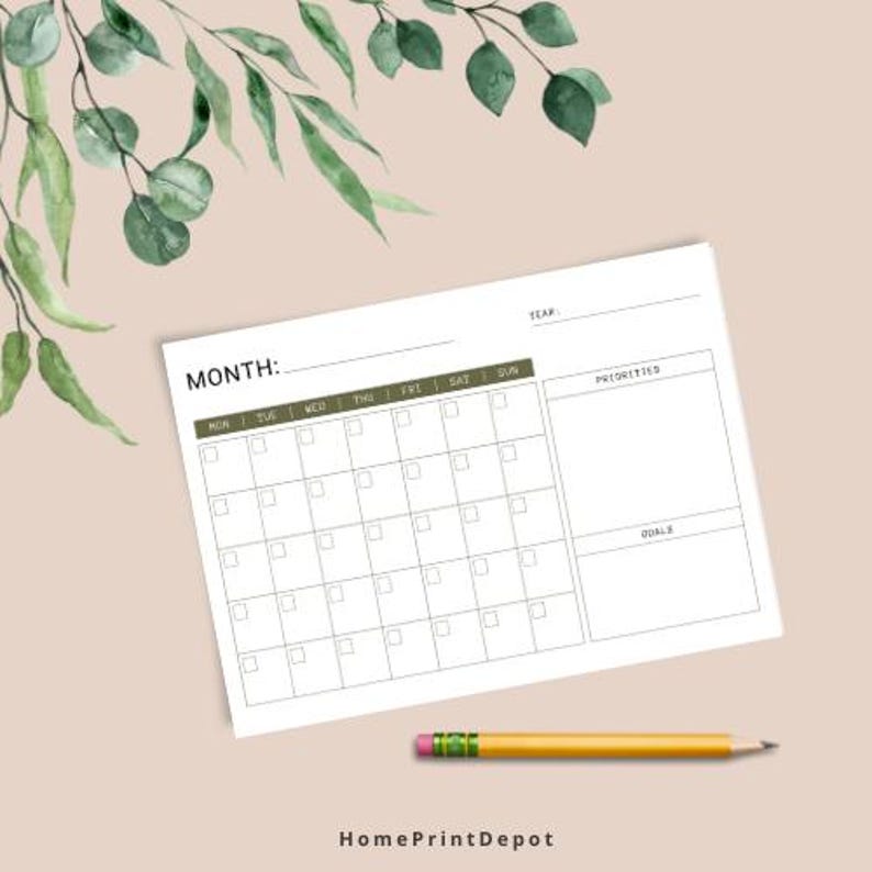 Printable Blank Monthly Calendar | Minimalist Undated Planner (digital ...