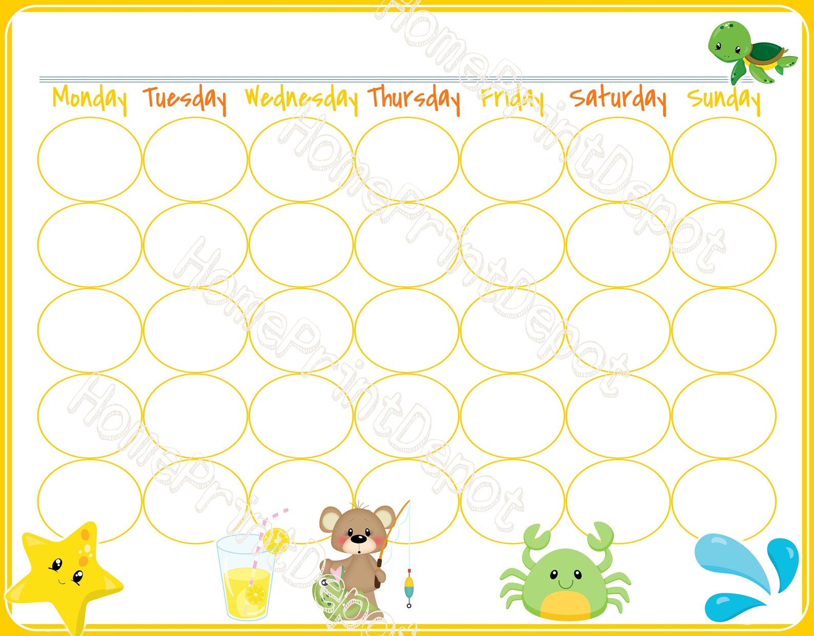 Seasonal blank kids calendar page template instant download minimalist