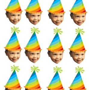 May include: Twelve images of a child wearing a rainbow party hat. Each image is a different pose of the child.
