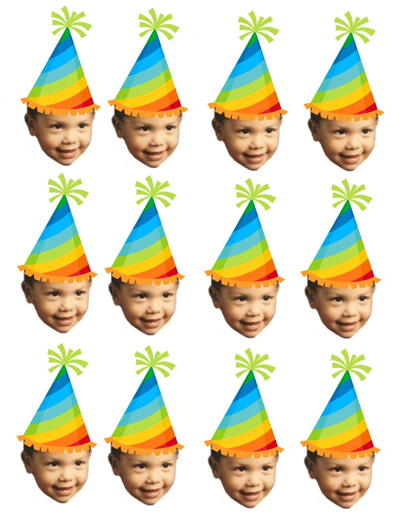 May include: Twelve images of a child wearing a rainbow party hat. Each image is a different pose of the child.