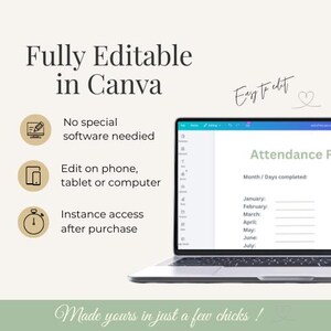 Może przedstawiać: Laptop wyświetlający formularz obecności z tekstem "Fully Editable in Canva". Obraz zawiera ikony i tekst wskazujące na łatwą edycję na r&oacute;żnych urządzeniach i natychmiastowy dostęp po zakupie. Widoczny jest r&oacute;wnież tekst "Easy to edit".