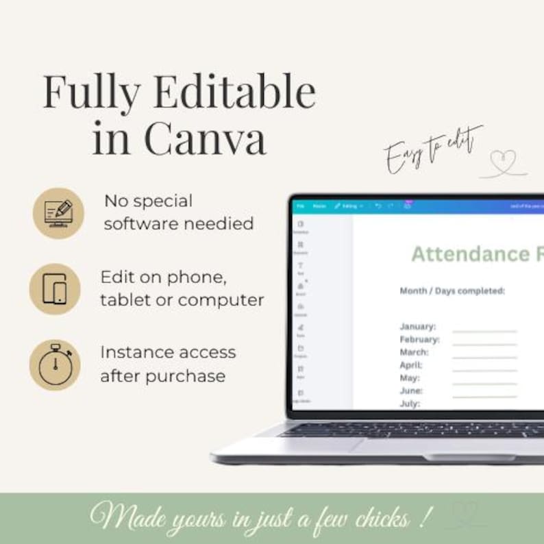 Może przedstawiać: Laptop wyświetlający formularz obecności z tekstem "Fully Editable in Canva". Obraz zawiera ikony i tekst wskazujące na łatwą edycję na r&oacute;żnych urządzeniach i natychmiastowy dostęp po zakupie. Widoczny jest r&oacute;wnież tekst "Easy to edit".