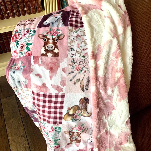 Personalized Handmade Luxury MINKY Blanket, Cowgirl Minky Baby Blanket with Luxe Cuddle Minky Fabric Backing.