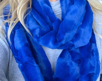 Royal Blue Hide Minky Luxe Cuddle, Faux Fur Infinity Scarf, Royal Blue Cowl Scarf