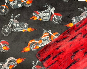 Handmade Motorcycle Print Minky Blanket: Luxe Cuddle Backing